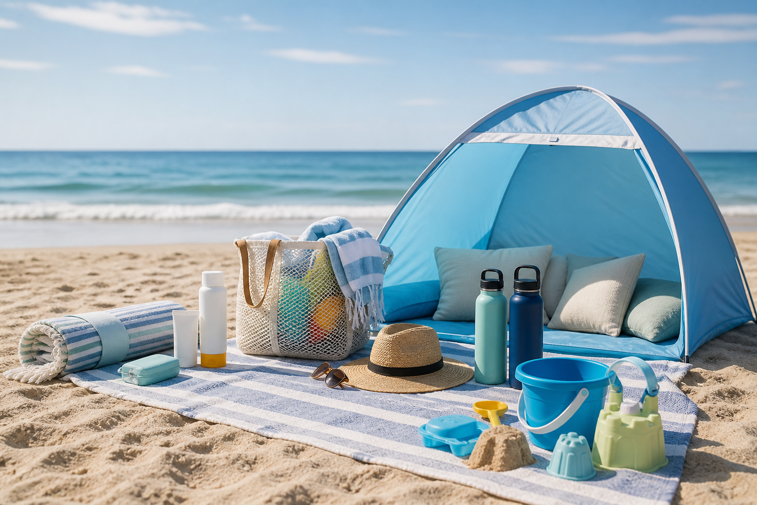 Family beach essentials arranged on a blanket beside a beach tent