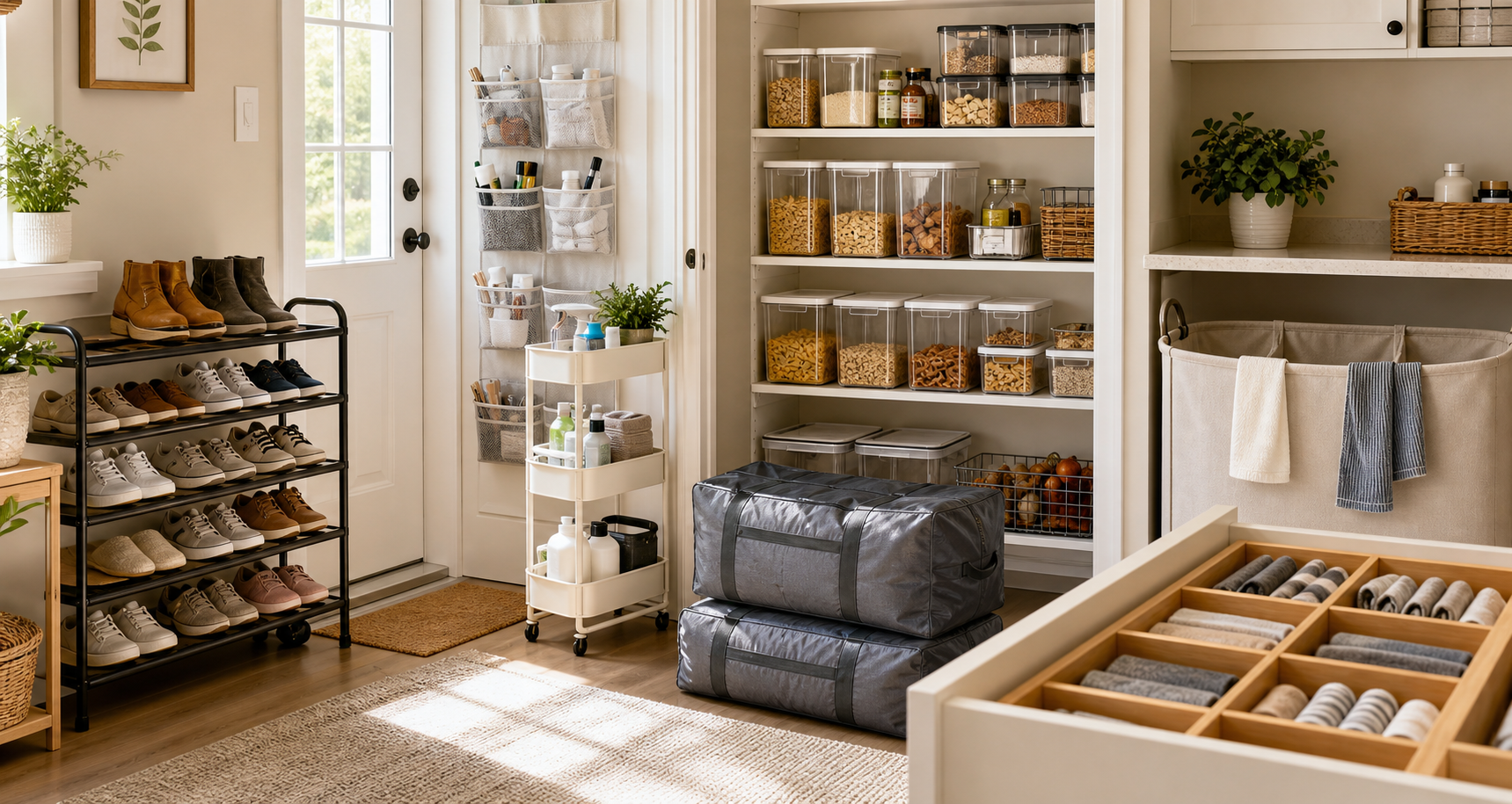 Organized entryway, pantry, laundry, and storage areas in a family home