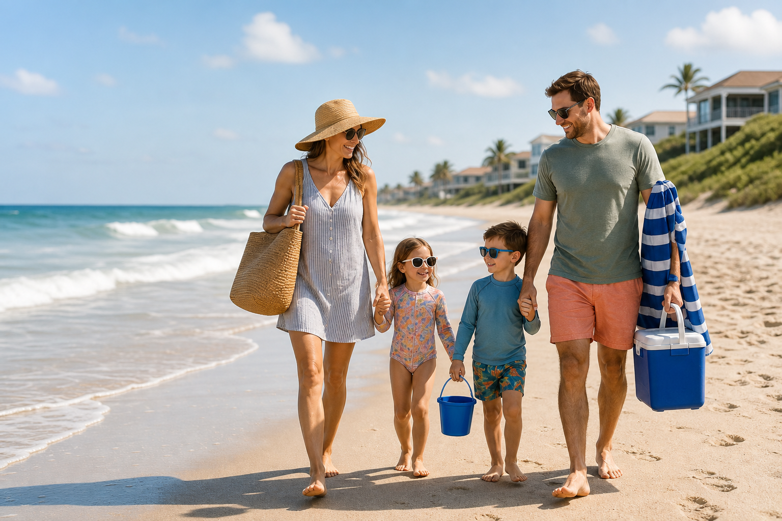 Family walking on the beach with practical beach gear